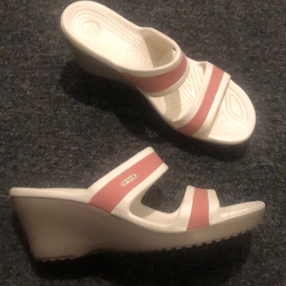 Crocs Women’s Shima Double Strap 3" Wedge Platform Sandals Size 10 White Pink - Picture 1 of 4